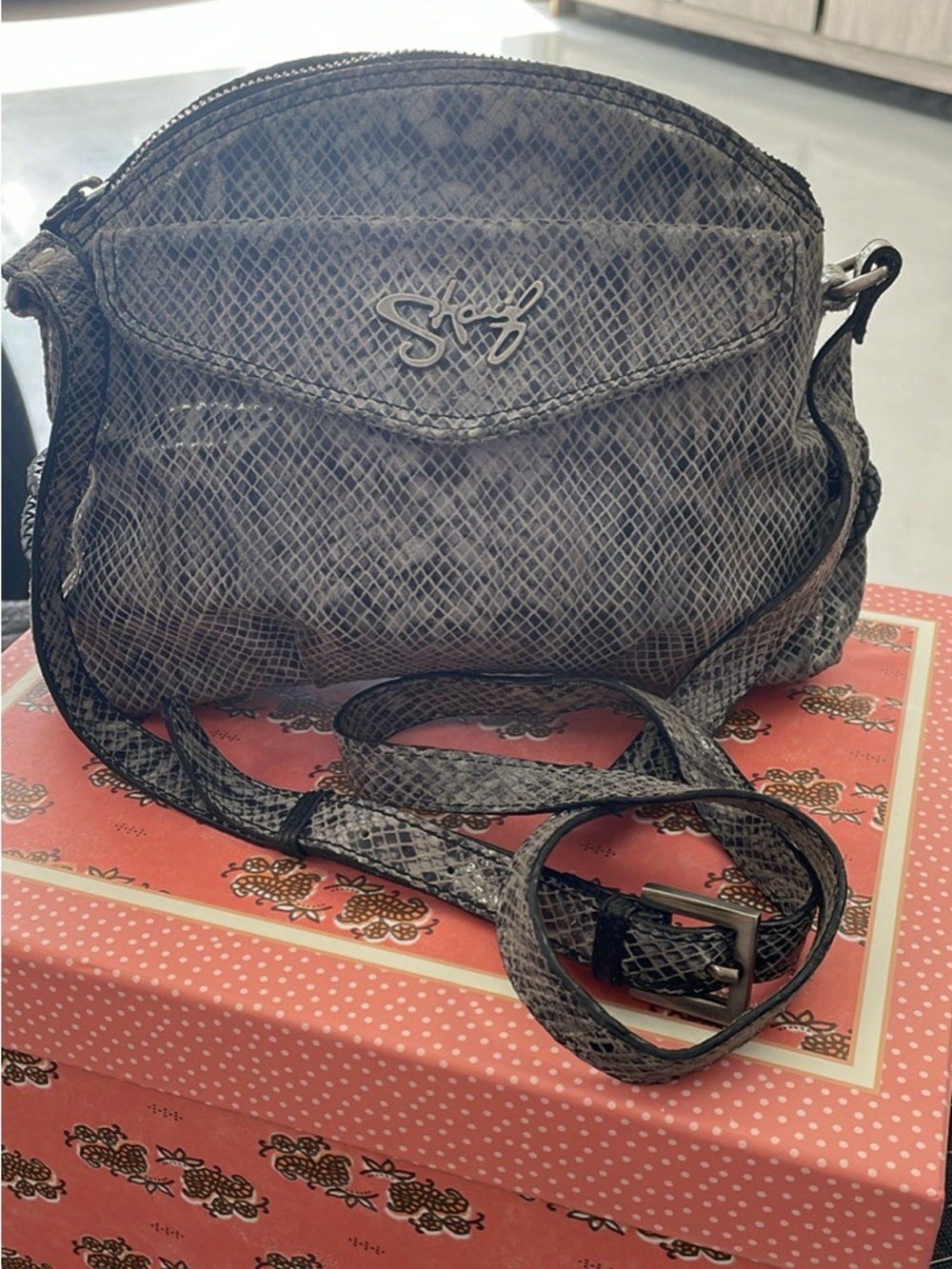 Sharif Gray Snake-Print Crossbody Bag